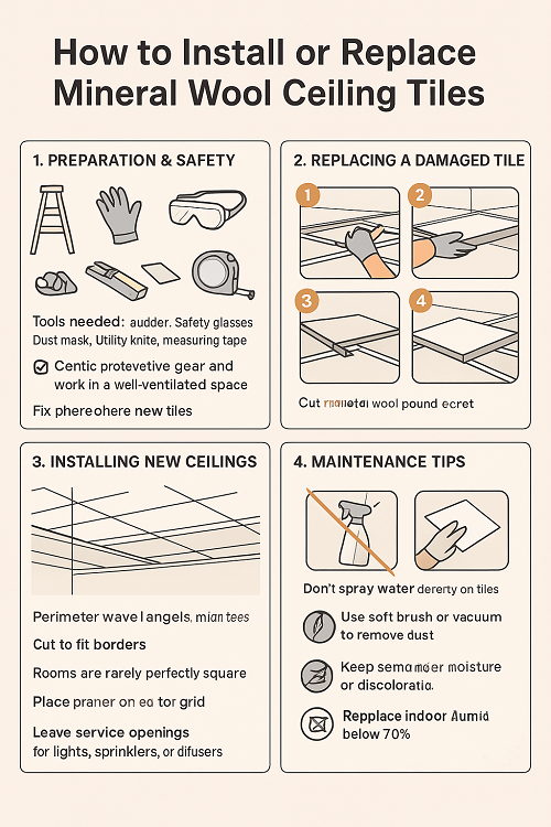 How Do I Install or Replace Damaged Mineral Wool Ceiling Tiles in a Suspended Grid System?
